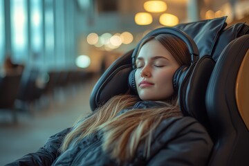 Young Woman Relaxing In A Massage Chair At An Airport With Headphones On, Peaceful Expression, Perfect For Relaxation And Travel Concepts. Airport Lounge, Passenger, Travel Photography, Serene Scene
