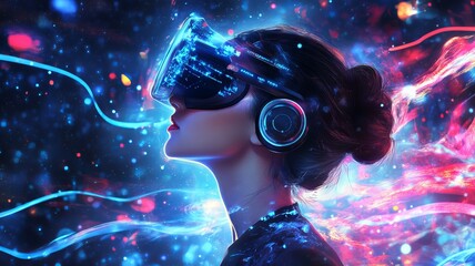 stylish young woman in VR headset, surrounded by digital particles and futuristic design
