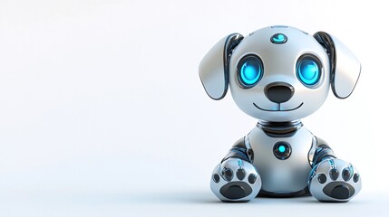 Robotic dog sitting, white background, future tech, website banner