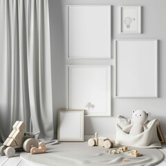 A minimalist nursery with white frames. wooden toys. and a plush teddy bear
