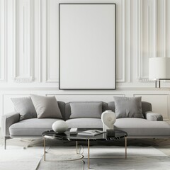 Minimalist living room with a gray sofa. coffee table. and a large blank canvas on the wall