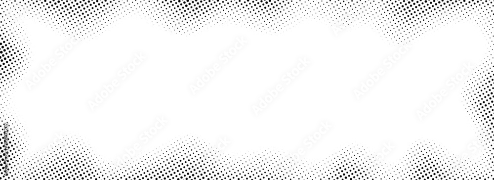 Poster halftone rectangle grain frame. black comic dotted wavy border. pop art fading gradient frame backdr