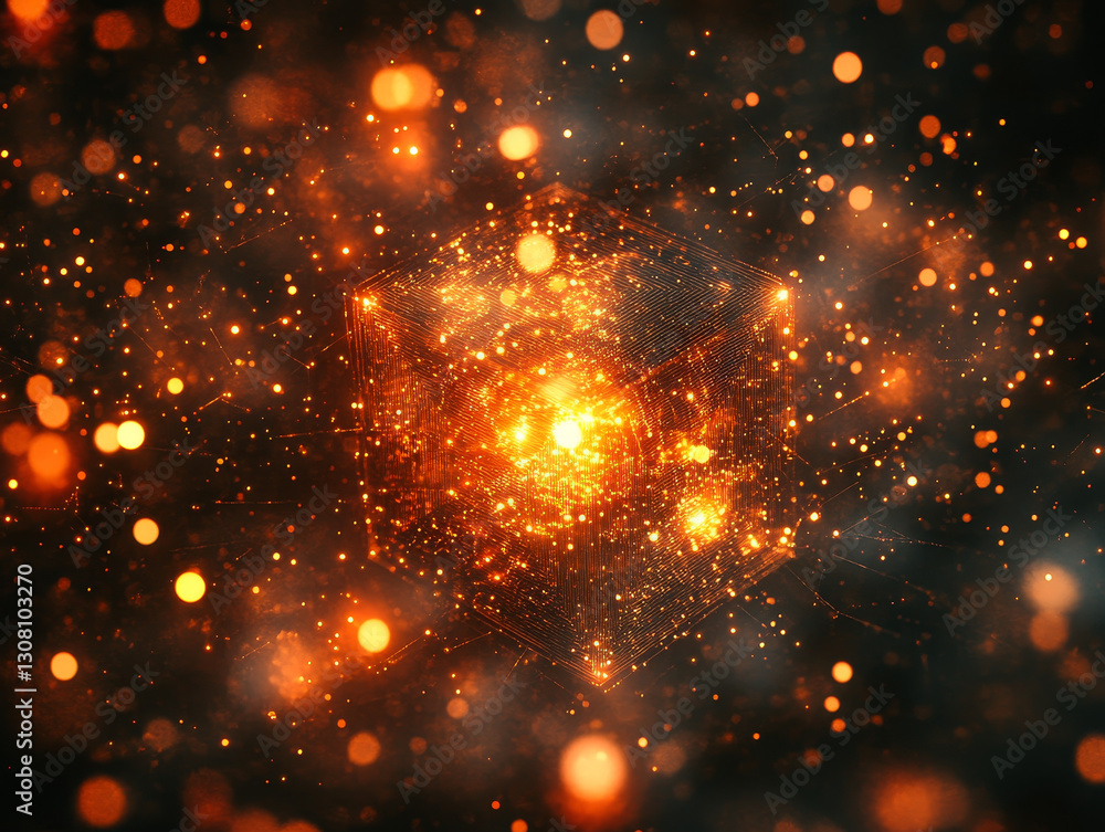 Poster glowing digital cube with vibrant particles in dark space, creating mesmerizing effect