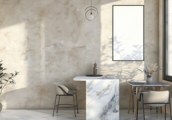 Minimalist interior design with a marble countertop bar and a black framed poster on a textured wall