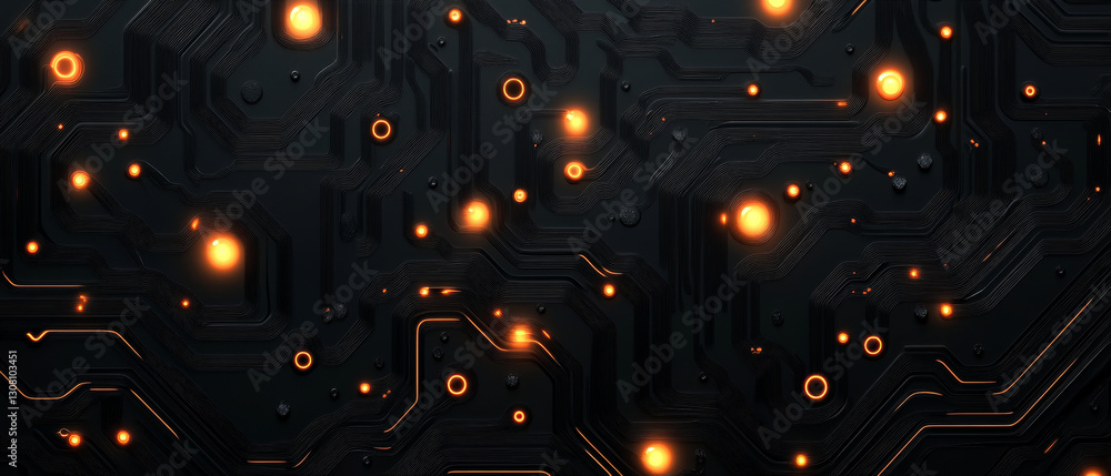 Poster dark metallic surface with glowing circuit patterns and orange lights