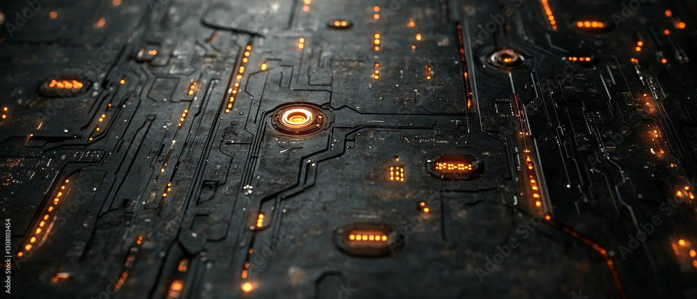 Aufkleber dark metallic surface with glowing circuit patterns and lights