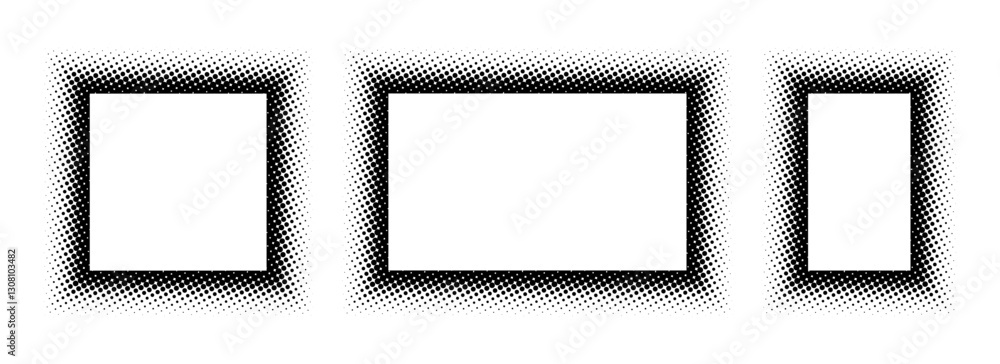 Poster black halftone rectangle frame set. dotted gradient border collection. pop art comic dots picture ho