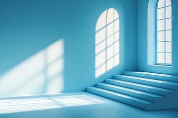 Fototapeta premium Abstract white room interior with soft lighting, minimalistic design, light blue wall background, empty space for product presentation.