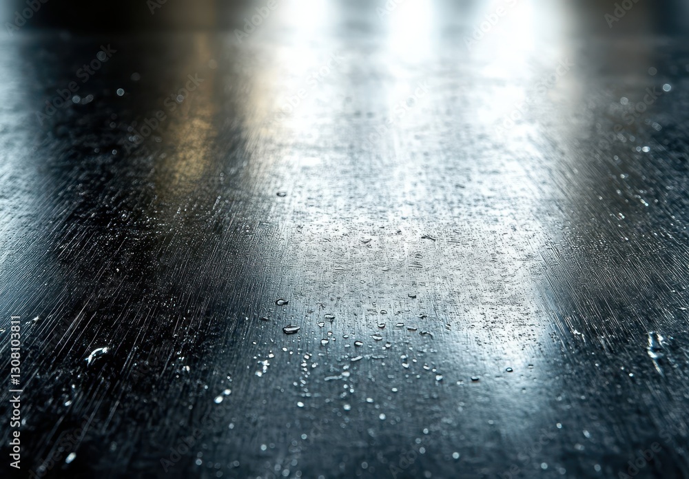 Aufkleber close-up view of a wet metallic surface with water drops captured in soft lighting for artistic and 
