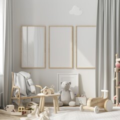 A cozy and bright nursery with wooden toys and a blank canvas for your design
