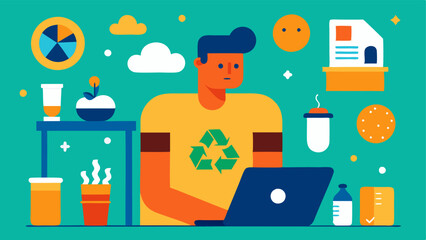 Recycling Education A designer creating an educational poster about proper recycling of packaging materials surrounded by colorful illustrations and icons.