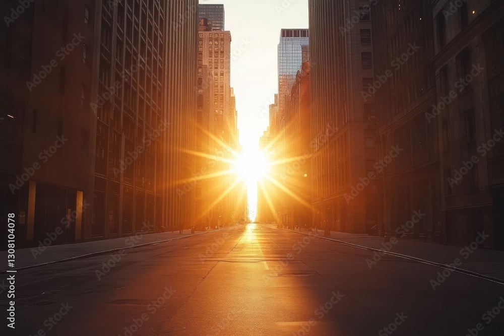 Fototapete sunset illuminating empty city streets with towering buildings creating a tranquil urban atmosphere 