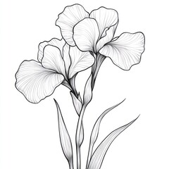 Elegant black and white line art illustration of two iris flowers with delicate petals and leaves.