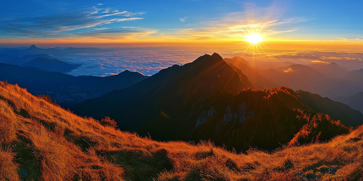 Breathtaking sunrise over mountains with golden grass and clouds below, creating serene landscape. vibrant colors evoke sense of peace and wonder