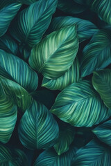 Lush green leaves with intricate patterns create vibrant, natural background. rich textures and varying shades of green evoke sense of tranquility and freshness