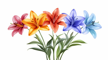 Lily bouquet spectrum: a bouquet of lilies held against a white background, arranged in roygbiv order. the stems create a harmonious gradient. Harmonious - Meadow. Illustration