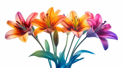 Fototapeta premium Lily bouquet spectrum: a bouquet of lilies held against a white background, arranged in roygbiv order. the stems create a harmonious gradient. Harmonious - Meadow. Illustration