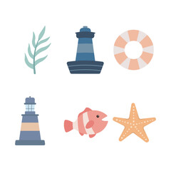 Sea Ocean Beach Marine Elements Set of Plant Lighthouse Tower Lifebuoy Fish Starfish