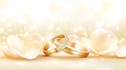 Wedding rings, rose petals, romantic background, marriage proposal, celebration