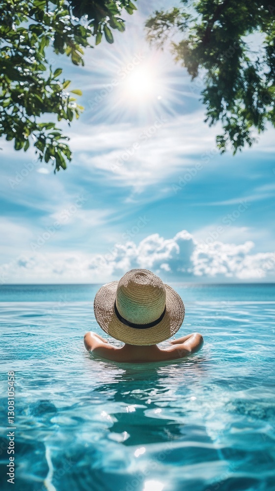 Poster relaxing in a sunny pool under the blue sky with a wide brimmed hat and tranquil ocean view generati
