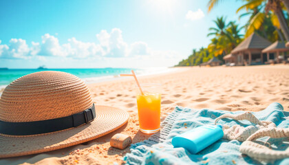 Tropical beach with sunbathing accessories, summer holiday background