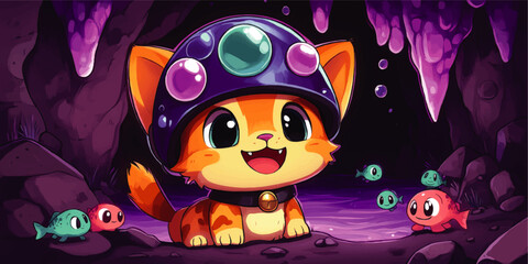 Adorable Cartoon Cat with Bubble Helmet in Purple Cave with Cute Fish Companions | Vector Illustration of Playful Underwater Adventure Scene