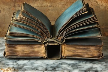 Antique book open on marble table