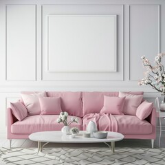 Minimalist living room interior with a pink sofa. white coffee table. and a large framed artwork above it