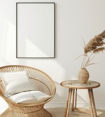 A rattan chair with a white pillow sits next to a small wooden table with a vase of pampas grass and a blank black framed poster on a white wall