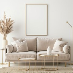 A minimalist living room with a beige sofa. two gold end tables. a large gold picture frame and a vase of dried grass