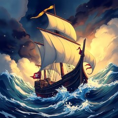 Sailing into the Horizon: A vintage sailing ship bravely navigates choppy seas under a dramatic sky, capturing the adventurous spirit of exploration.