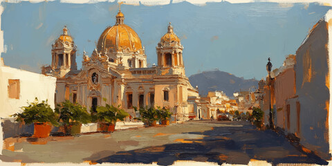 Obraz premium Stunning Vector Illustration of Classic Baroque Cathedral with Golden Domes in Scenic Mediterranean Townscape, Featuring Vibrant Skyline and Architectural Details