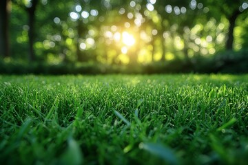 Naklejka premium Beautiful blurred background of lush green grass in the park on a sunny day, bokeh effect, summer concept banner with copy space.