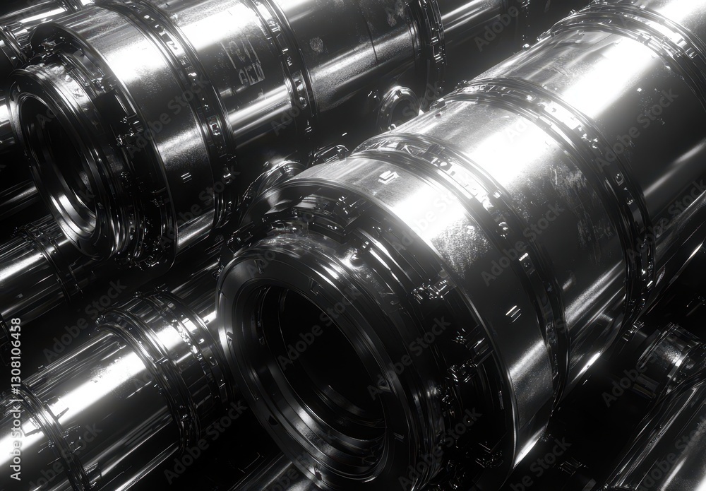 Poster close-up view of industrial pipes with glossy finish highlighting reflective surfaces and complex me