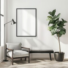 Minimalist living room interior with a chair. a potted plant. a lamp and a large empty picture frame on a white wall