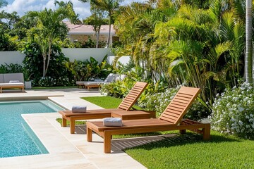 Obraz premium Wooden sun loungers by the pool surrounded by lush greenery, creating a relaxing outdoor retreat.