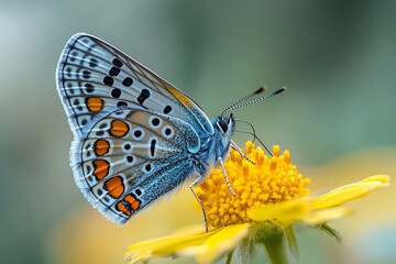 Naklejka premium Beautiful butterfly on a yellow flower in a garden with a green background, nature scene, copy space available.