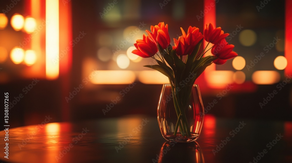 Poster beautiful vase of flowers on a table surrounded by soft ambient lighting creating a serene and invit