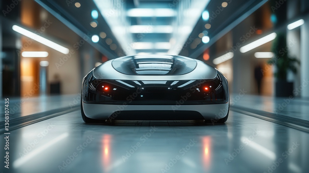 Poster sleek modern car parked inside a building with surrounding architectural features and ample copy spa