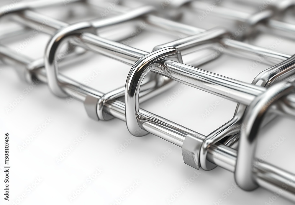 Poster close-up view of interlocked stainless steel chains with a focus on texture and design for industria