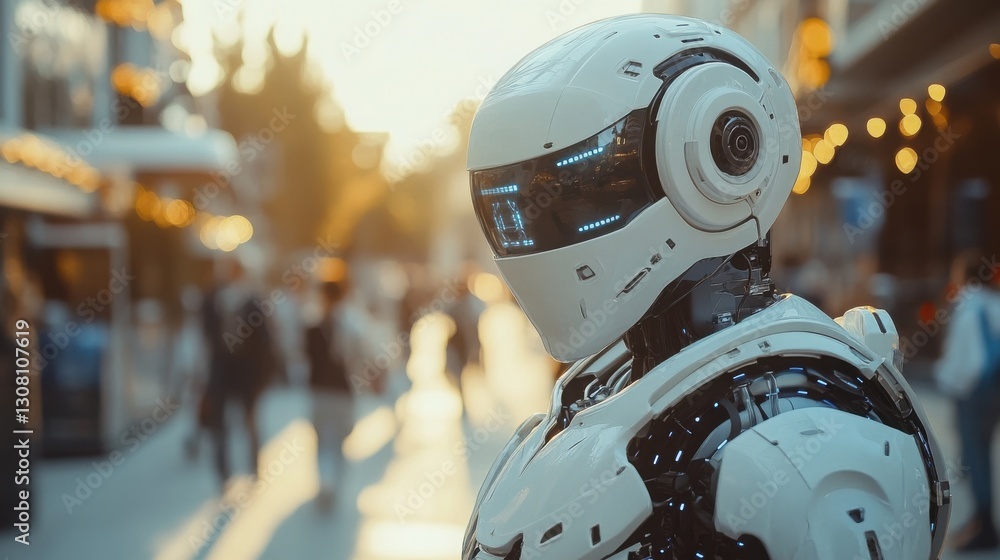 Poster robot standing in a busy street setting demonstrating the presence of autonomous technology in urban