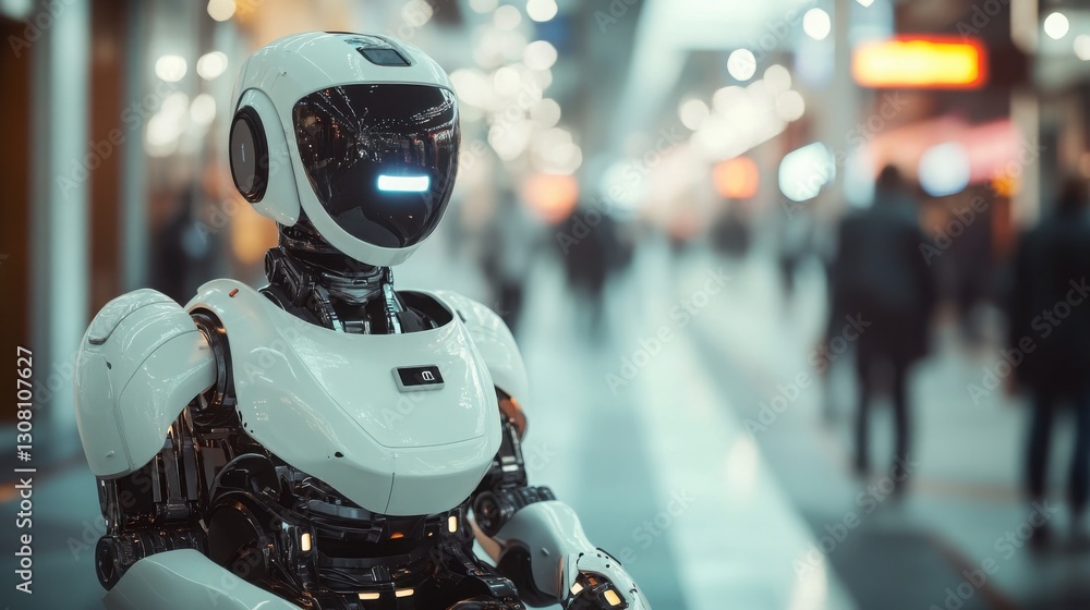Poster robot positioned in a bustling city environment emphasizing the role of autonomous technology in urb
