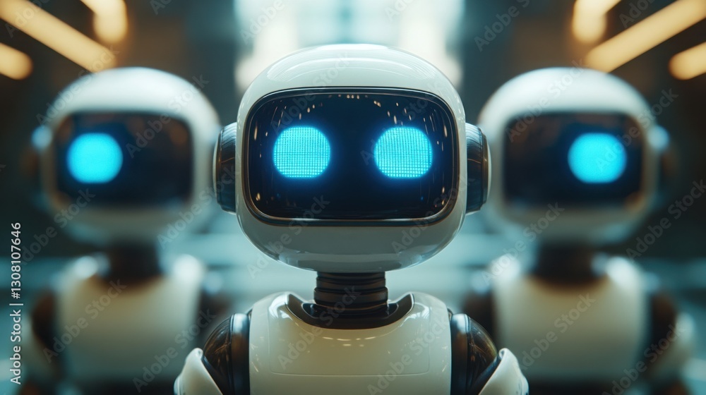 Poster close-up of a robot with striking blue eyes demonstrating advanced features of autonomous technology