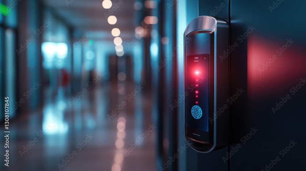 Poster red light illuminating door with biometric access technology for enhanced security and user authenti
