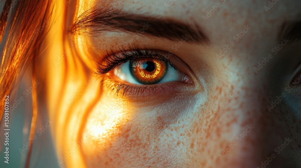 Poster close-up of woman's face with biometric security features highlighted by a fringing red light for en