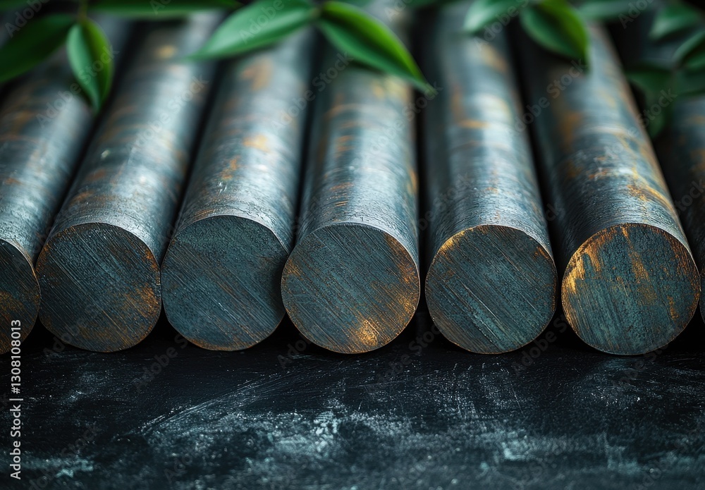 Poster close-up view of metallic cylinders with green leaves on a dark surface creating a rustic industrial