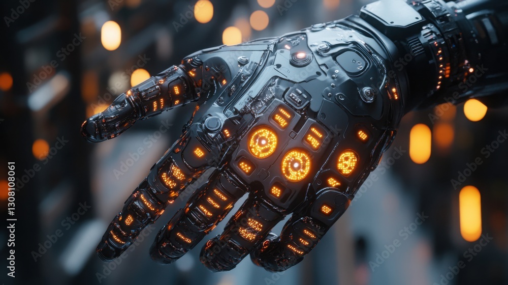 Poster futuristic robotic hand with glowing orange lights illustrating the concepts of blockchain automatio