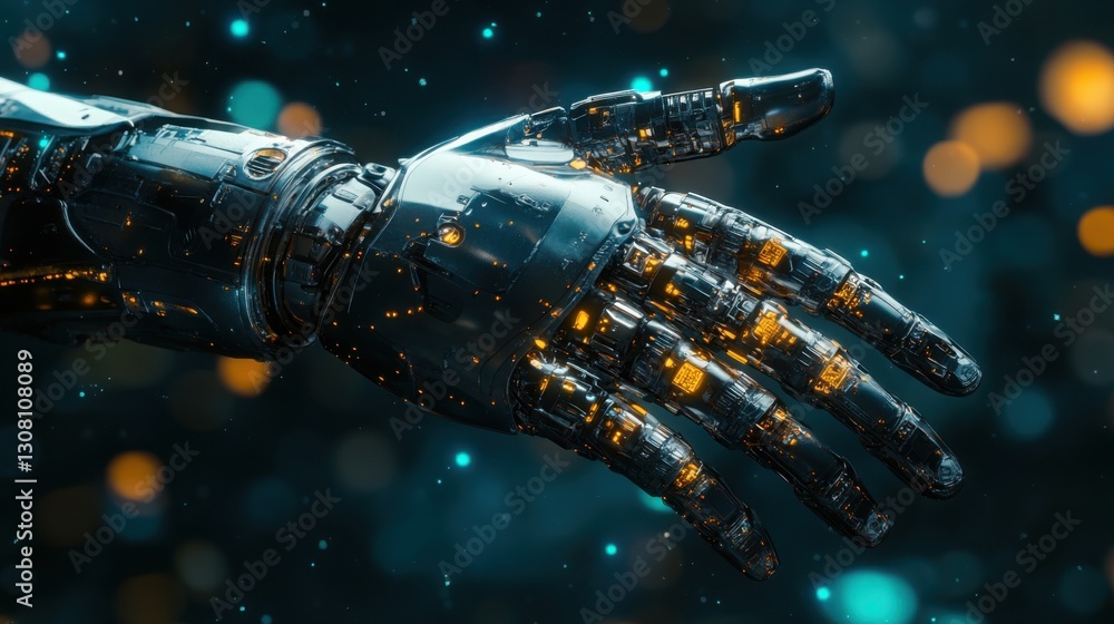 Poster close-up of a robotic hand showcasing advanced technology and automation related to blockchain innov