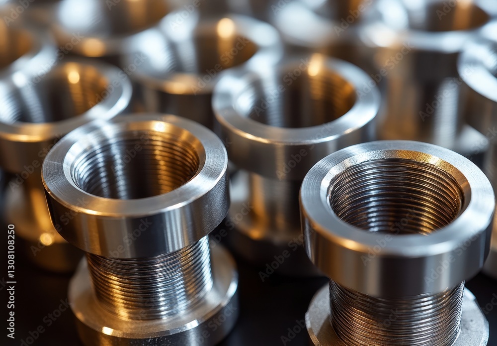 Poster close-up view of metallic machine components with detailed threading for industrial applications and