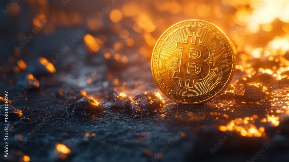 Aufkleber golden bitcoin sitting on a pile of shiny gold coins representing wealth and investment in blockchai